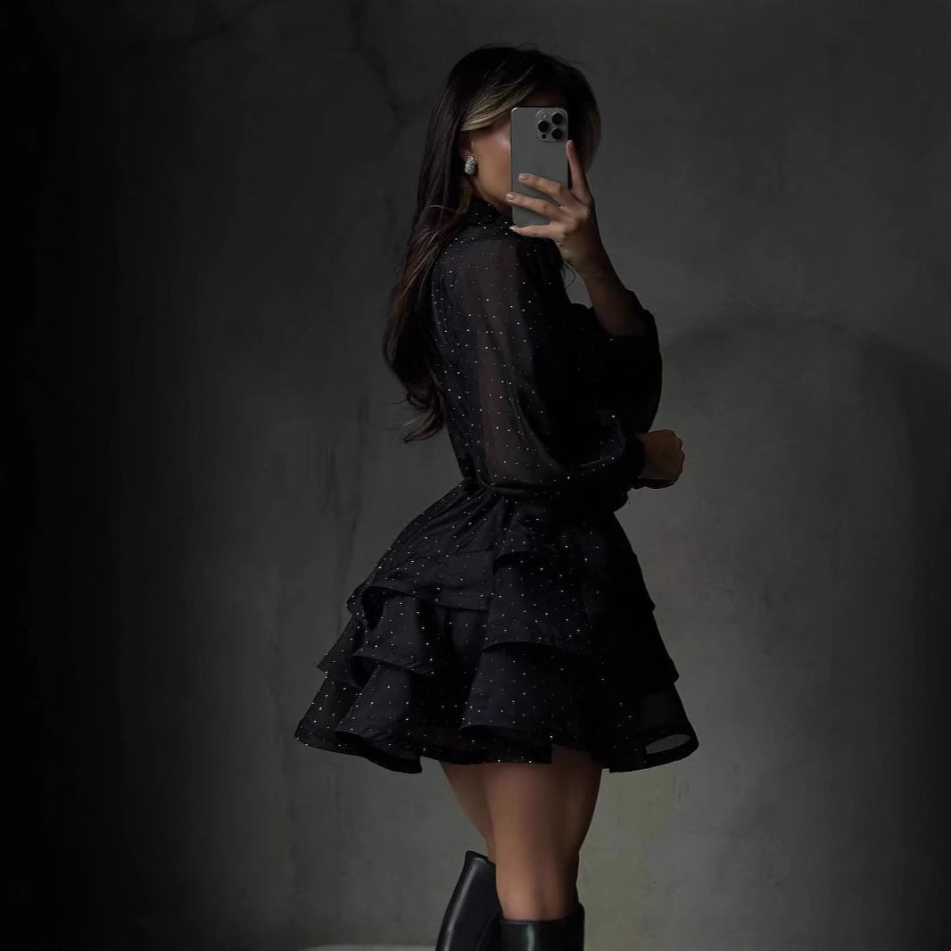 Women Transparent Ruffle Mini Dress with Shirt Collar, Balloon Sleeves and Waist Belt Chichicherry