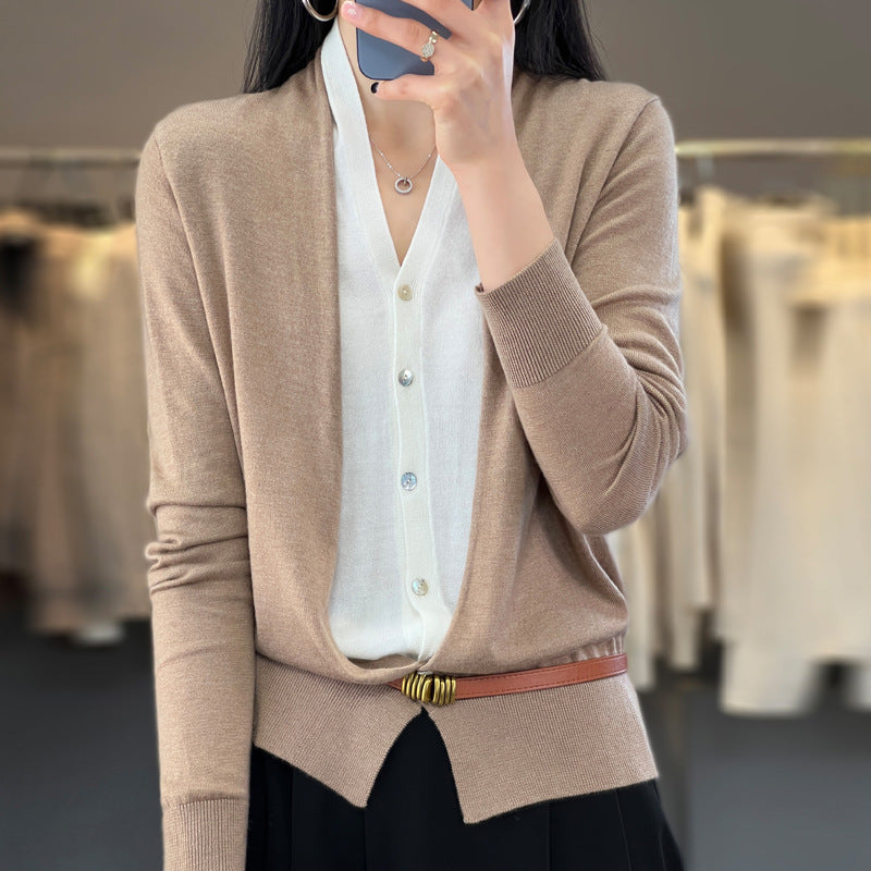 Ladies Lightweight Open Fine Knit Cardigan with Asymmetrical Pointed Edge and Fitted Silhouette Chichicherry