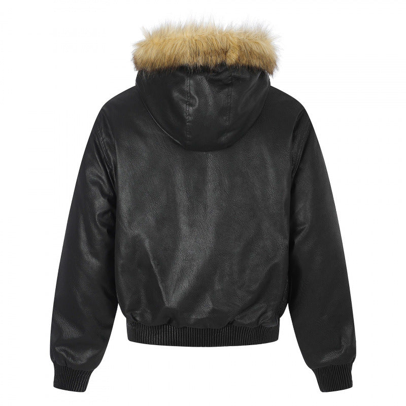 Women's Hooded Jacket in Leather Look with Studded Trim, Faux Fur Collar and Ribbed Hem Chichicherry
