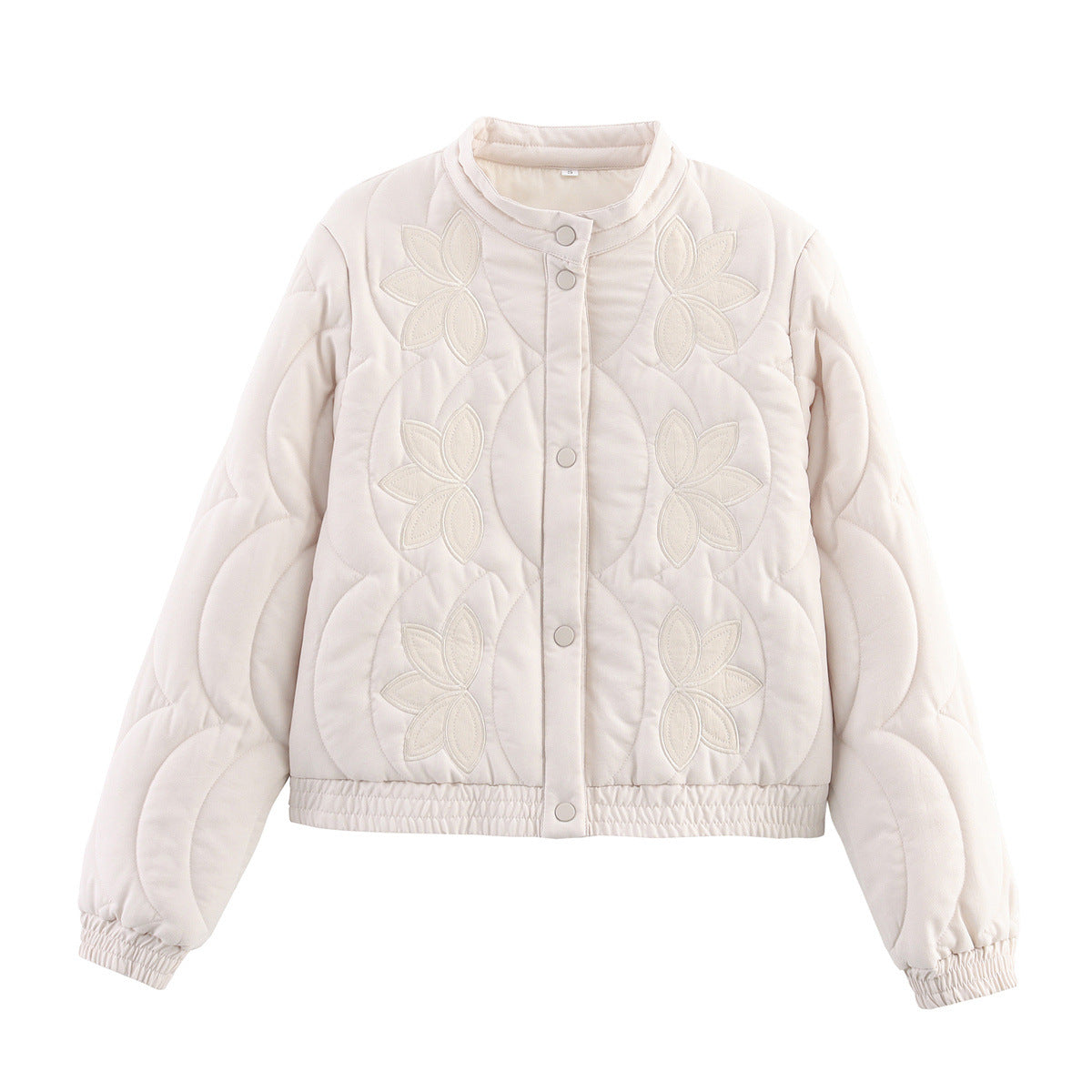 Women Short Quilted Blouson with Floral Quilted Application, Stand-up Collar and Elastic Waistband Chichicherry