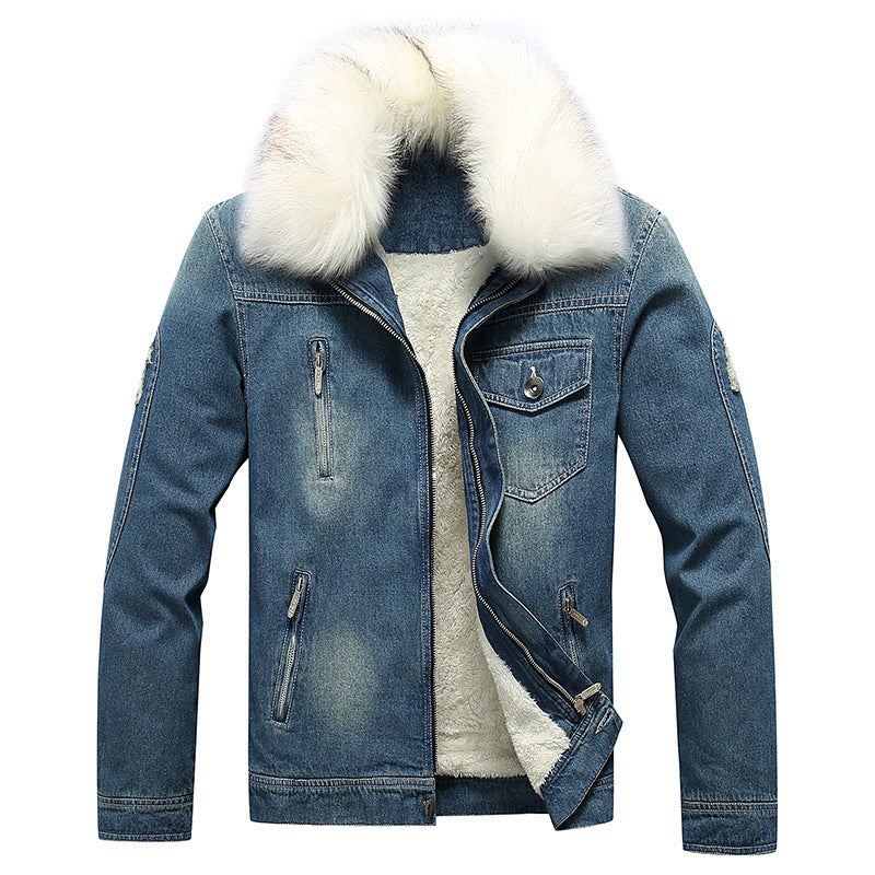 Men's denim jacket with teddy lining, padded interior, and removable faux fur collar Chichicherry