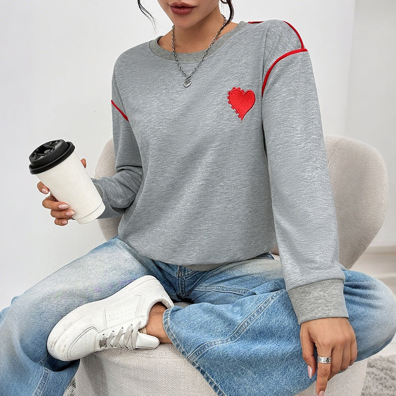 Women's Oversize Sweatshirt with Embroidered Heart, Contrast Piping and Ribbed Hem Chichicherry