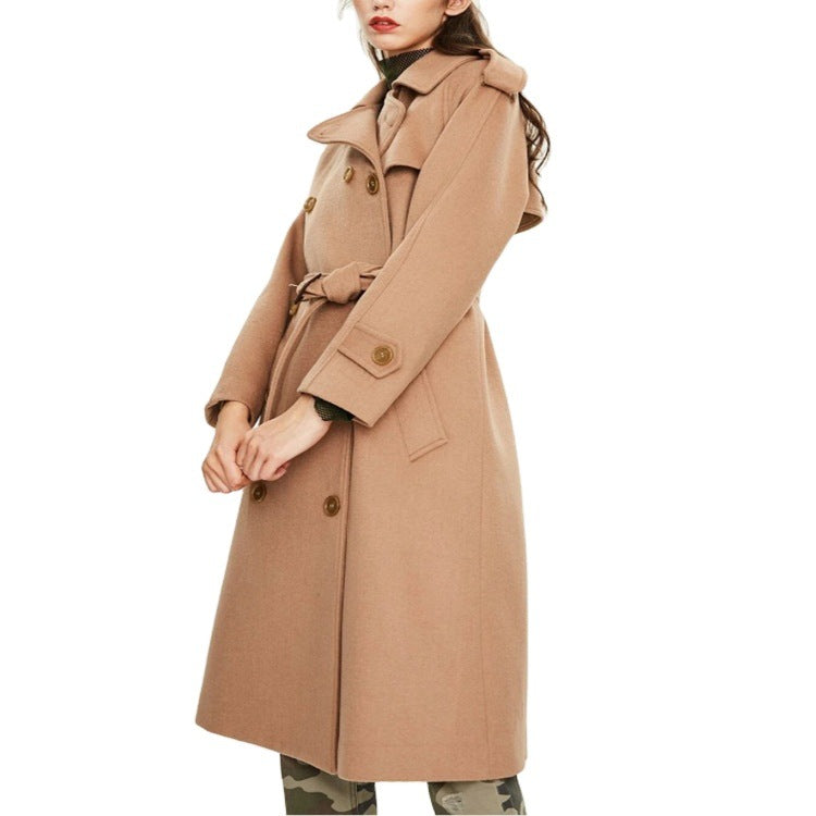 Women's Mid-Length Double-Breasted Wool Blend Trench Coat with Epaulettes and Belt Chichicherry