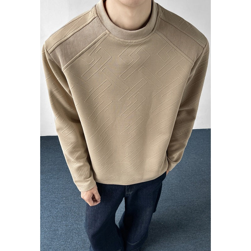 Men's Structured Long Sleeve Shirt with Stand-Up Collar and Geometric Relief Pattern Chichicherry