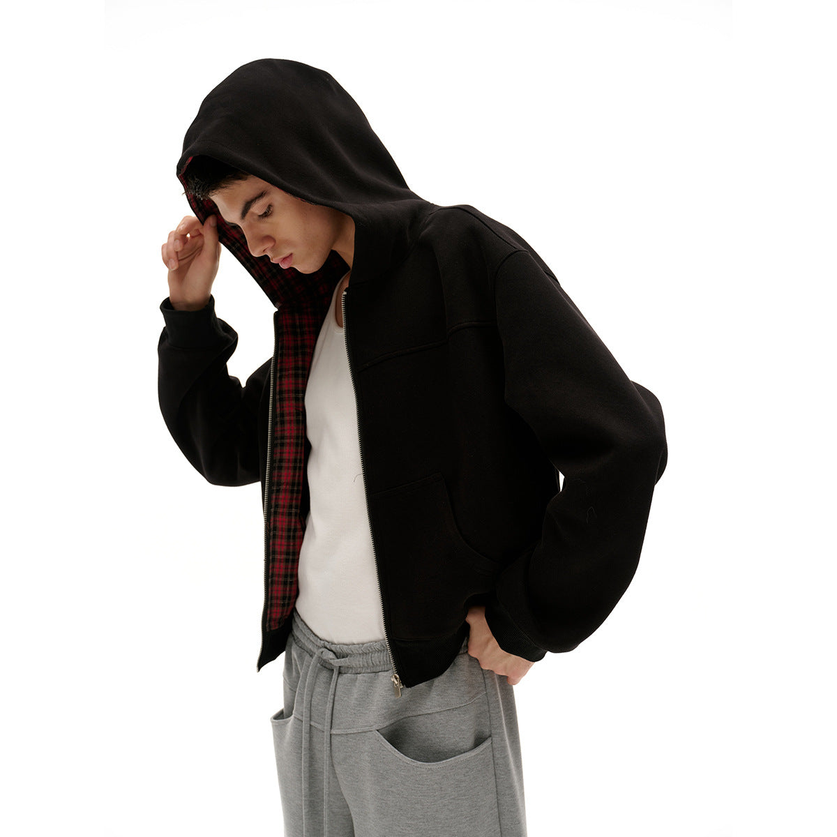Unisex Hoodie with checked lining and full zip Chichicherry