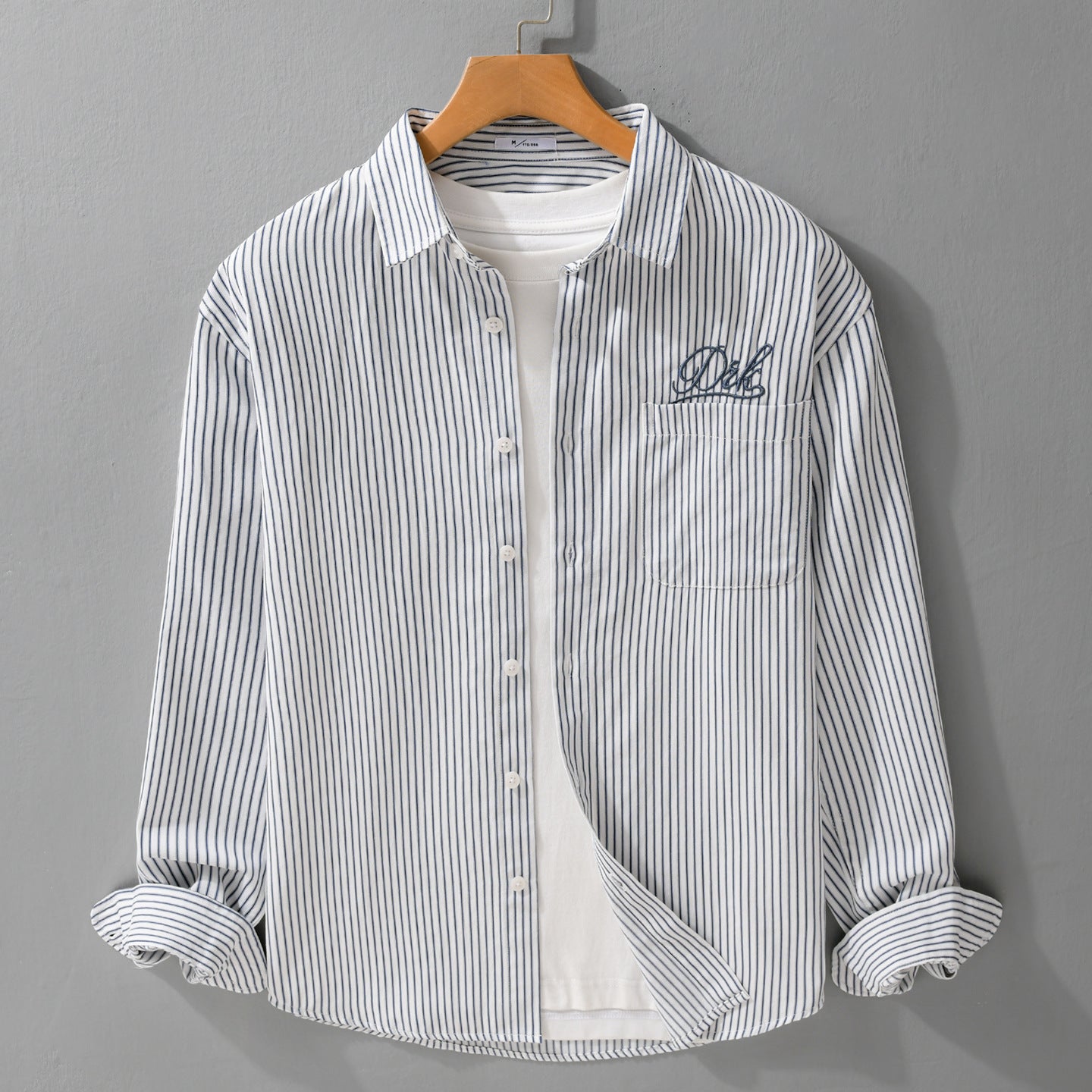 Men Striped Overshirt Shirt with Chest Pocket and Tonal Logo Embroidery Chichicherry