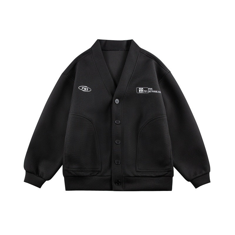 Unisex Boxy knit cardigan in waffle knit with V-neck, continuous button placket, and applied round pockets Chichicherry