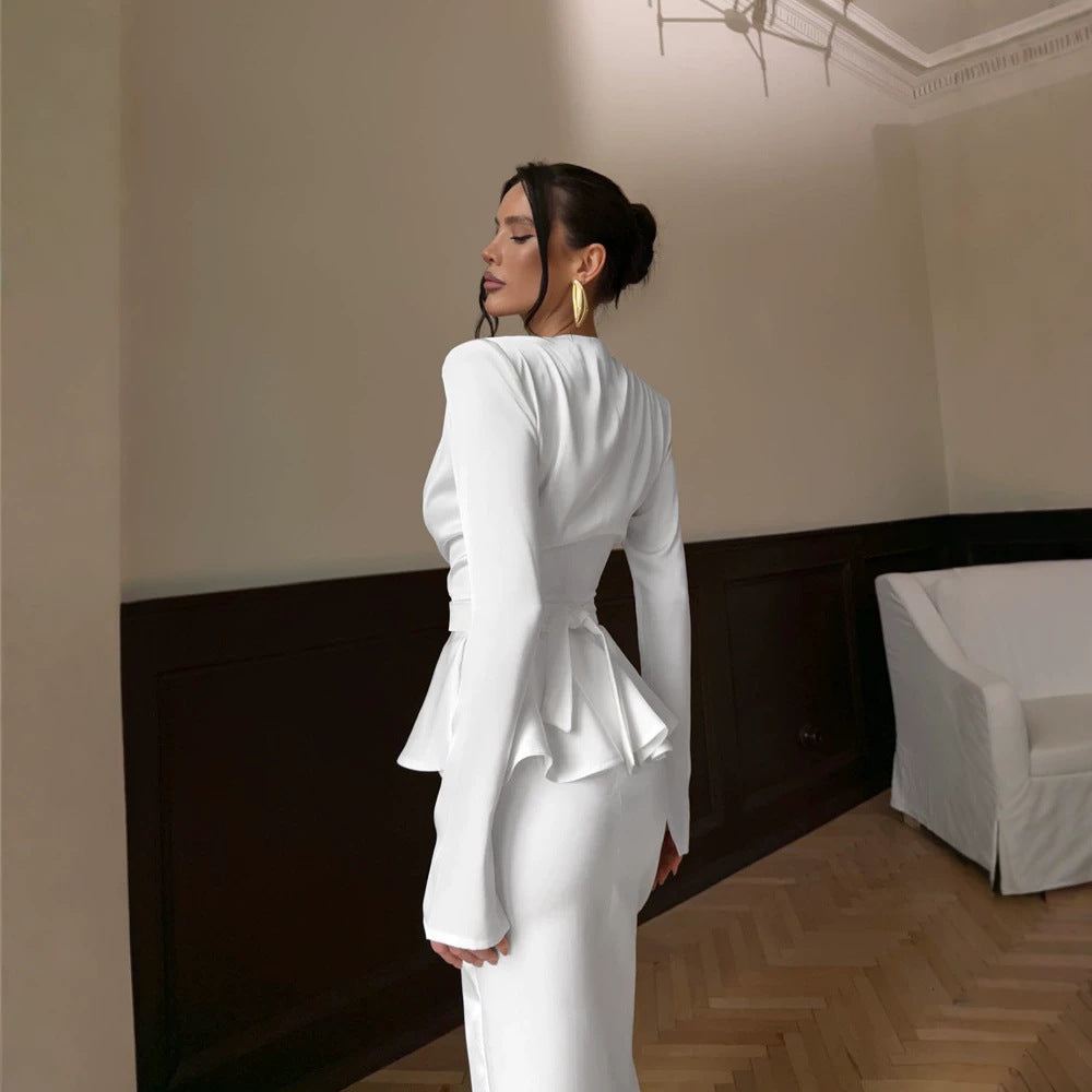Ladies Tailored Evening Dress with Peplum Waist and Long Sleeves Chichicherry