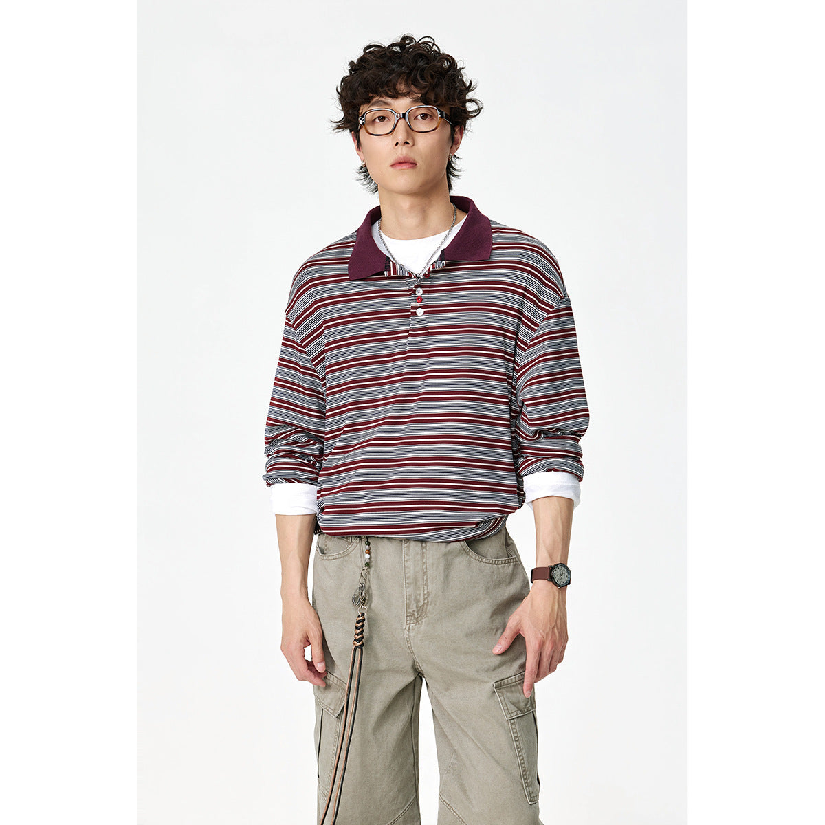Unisex Classic Striped Long Sleeve Polo Shirt made of fine Ribbed Knitting with Kent Collar and Half Button Placket Chichicherry