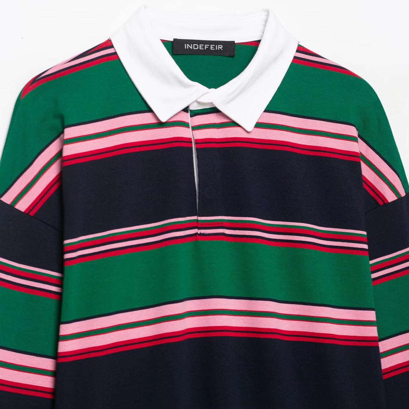 Women Oversize Rugby Polo Shirt with White Kent Collar and Wide Horizontal Stripes Chichicherry