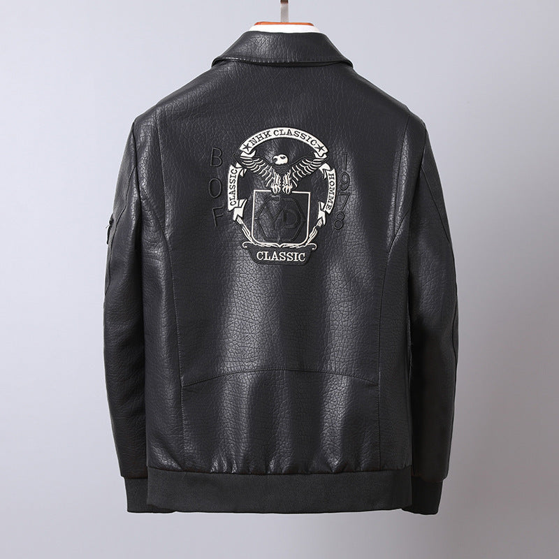 Men's faux leather field bomber jacket in pilot style with patch appliqués and front flap pockets Chichicherry