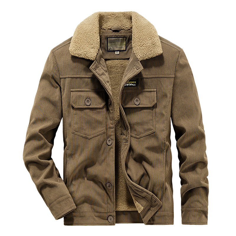 Men's Cord Worker Jacket in Trucker Style with Snap Button Closure and Flap Pockets Chichicherry