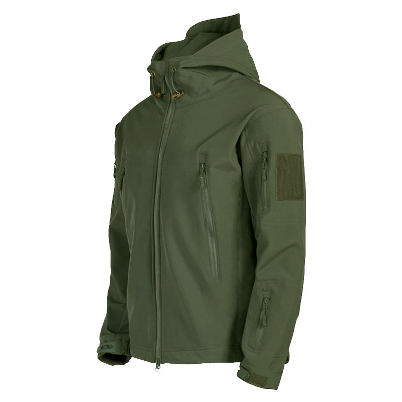 Men's tactical softshell field jacket with hood, multifunction pockets and Velcro patch area Chichicherry