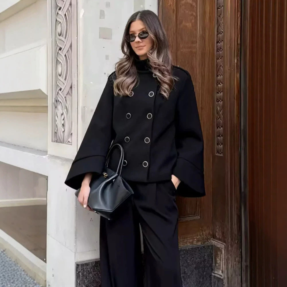 Women Short Cut Double Breasted Jacket with Stand-Up Collar, Eyelet Detail and Wide Cuffs Chichicherry