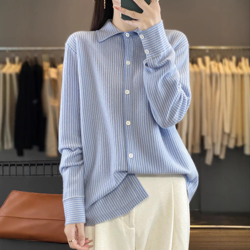 Women's Lightweight Fine Knit Shirt with Polo Collar and Fine Stripes Chichicherry