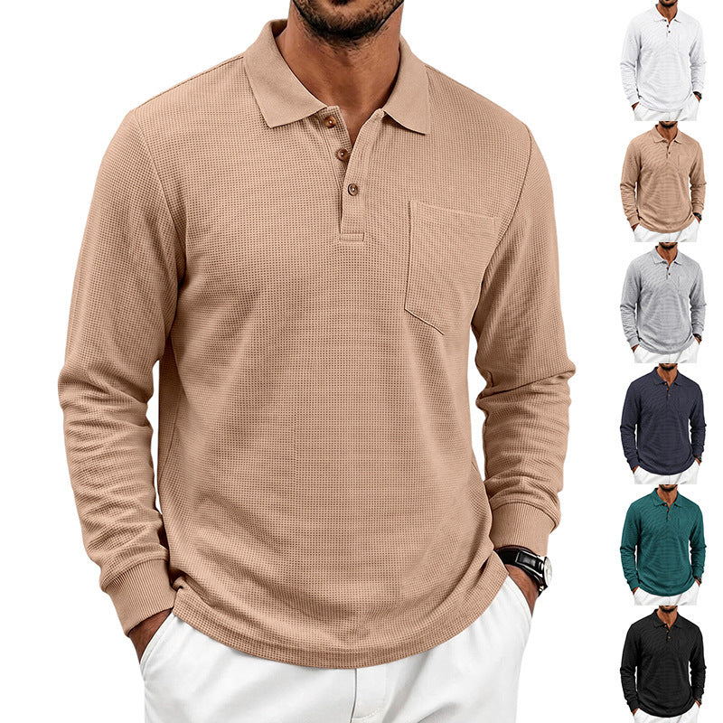 Men's Long Sleeve Waffle Piqué Polo with Button Placket and Chest Pocket Chichicherry