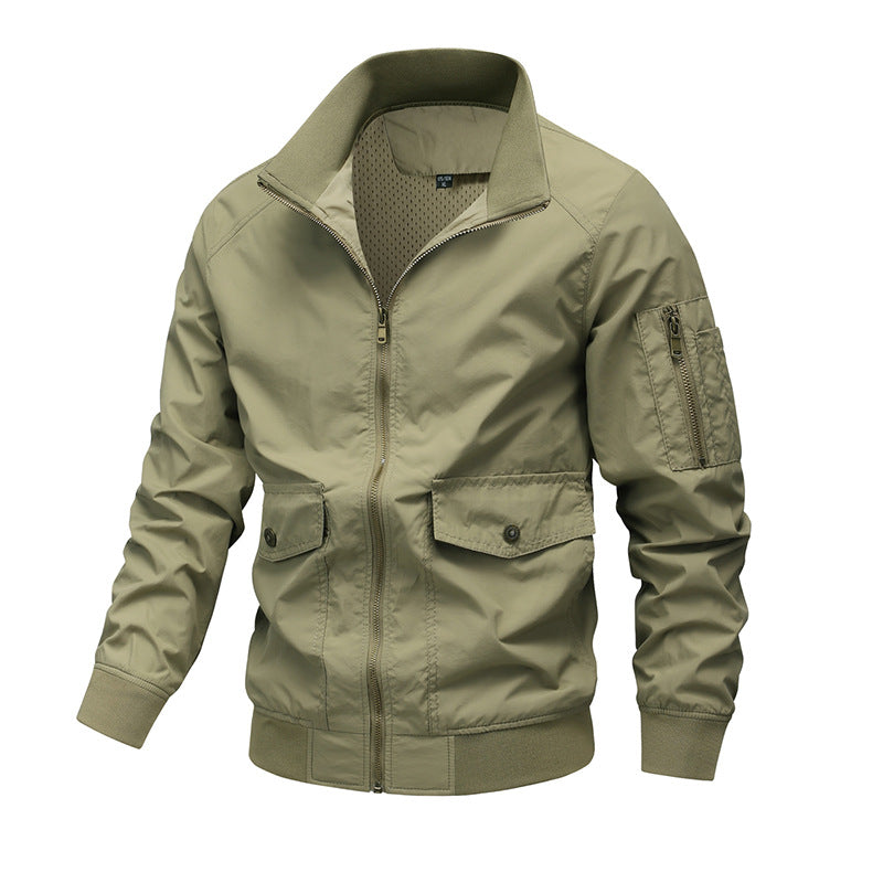 Men's Lightweight Utility Bomber Jacket with Arm Pocket and Mesh Lining Chichicherry