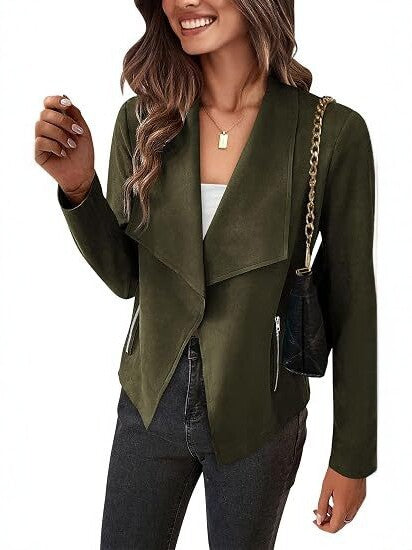 Women Faux Suede Waterfall Blazer with Asymmetrical Hem and Zipper Pockets Chichicherry