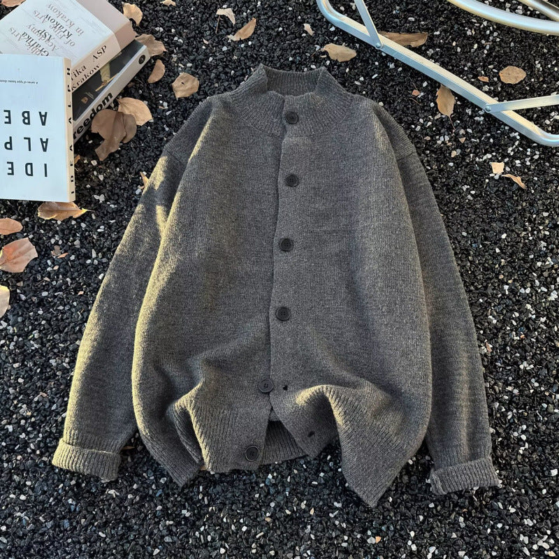 Unisex Oversized Wollmix-Cardigan mit Rundhalsausschnitt, Knopfleiste und geripptem Saum Chichicherry