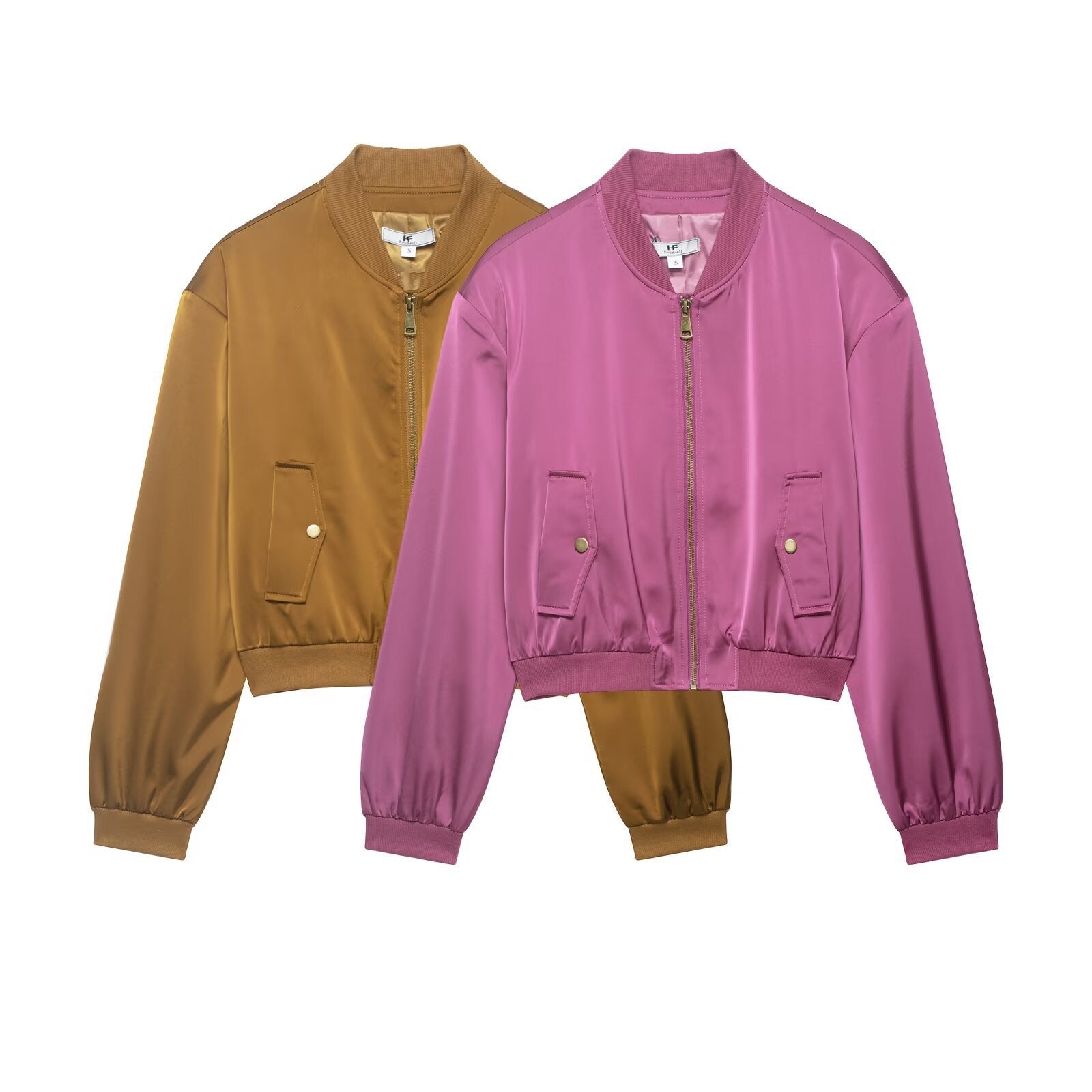 Women Cropped Satin Bomber Jacket with Zipper, Flap Pockets and Ribbed Cuffs Chichicherry