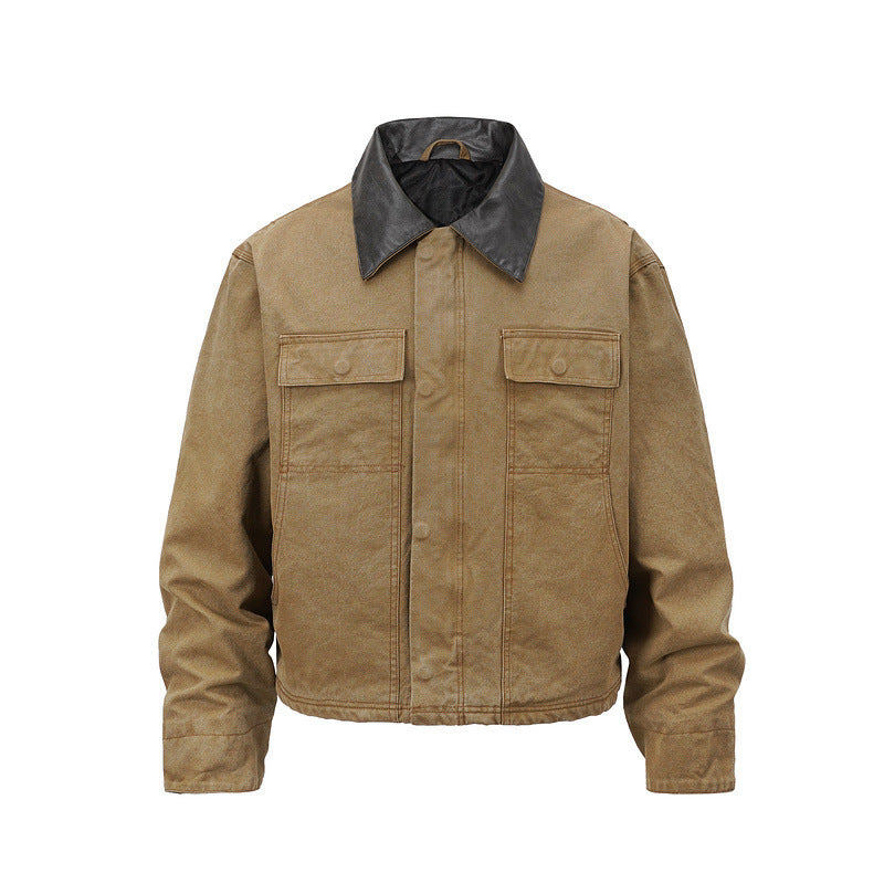 Men's canvas field jacket in overshirt look with leather collar and patch pockets Chichicherry