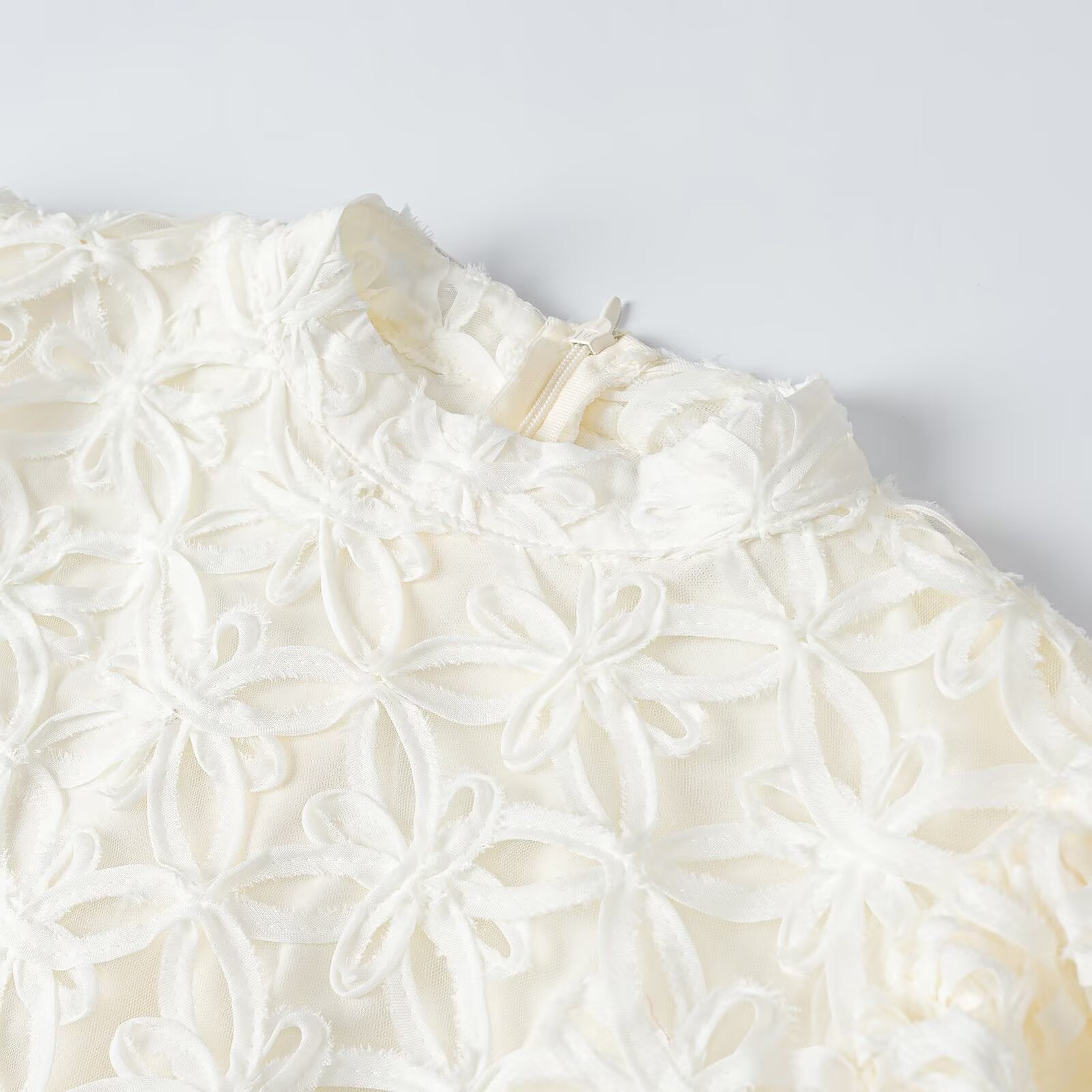 Women A-line Mini Dress with three-dimensional flower embroidery and puff sleeves Chichicherry