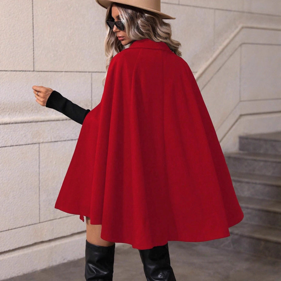 Women's Double-breasted Wool Cape Coat with Arm Openings and Stand-up Collar Chichicherry