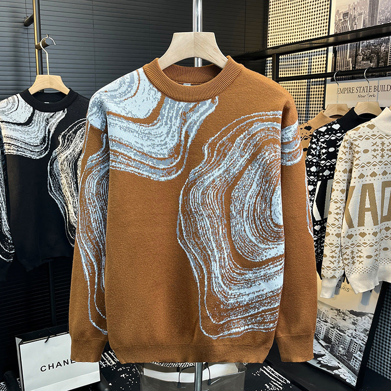 Herren Grobgestrickter Rundhalspullover mit abstraktem Marmor-Jacquard Chichicherry