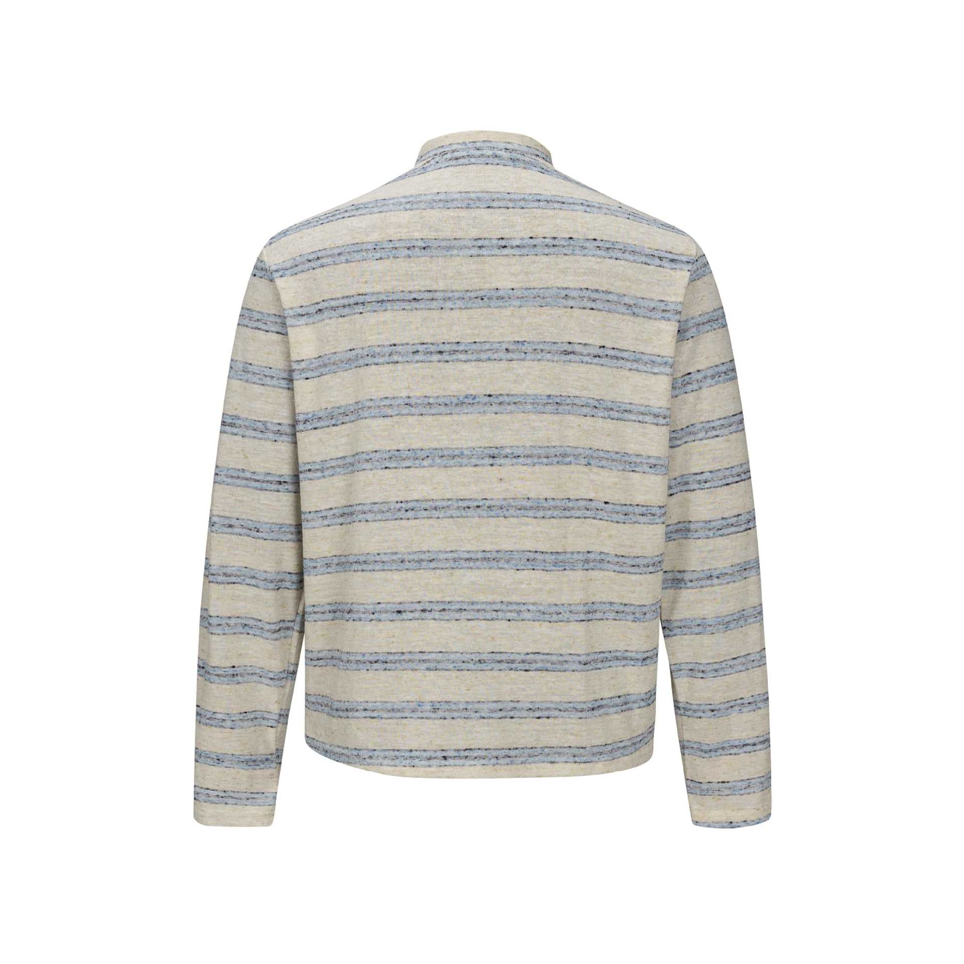 Men Striped Fine Knit Henley with Stand-Up Collar and Full Button Placket Chichicherry