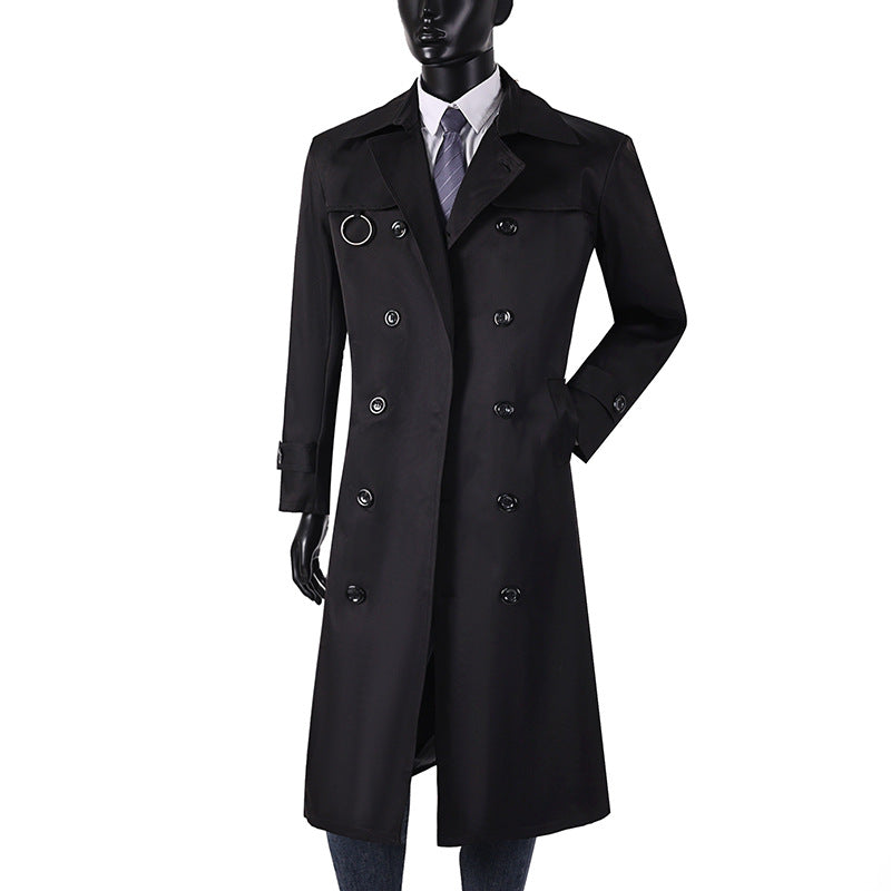 Men's double-breasted trench coat with waist tailoring, lapel collar, and decorative metal ring Chichicherry