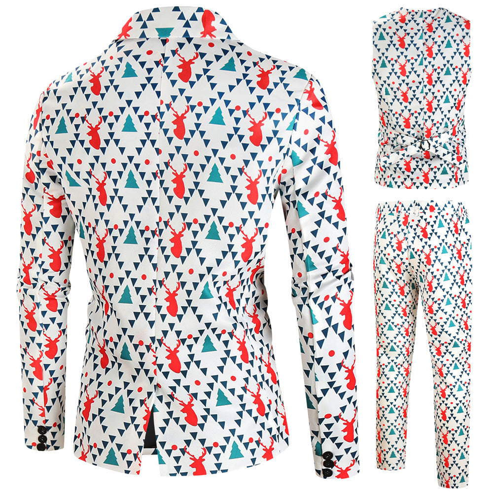 Men's Christmas three-piece suit set with jacket, vest, and trousers in all-over reindeer-tree pattern Chichicherry