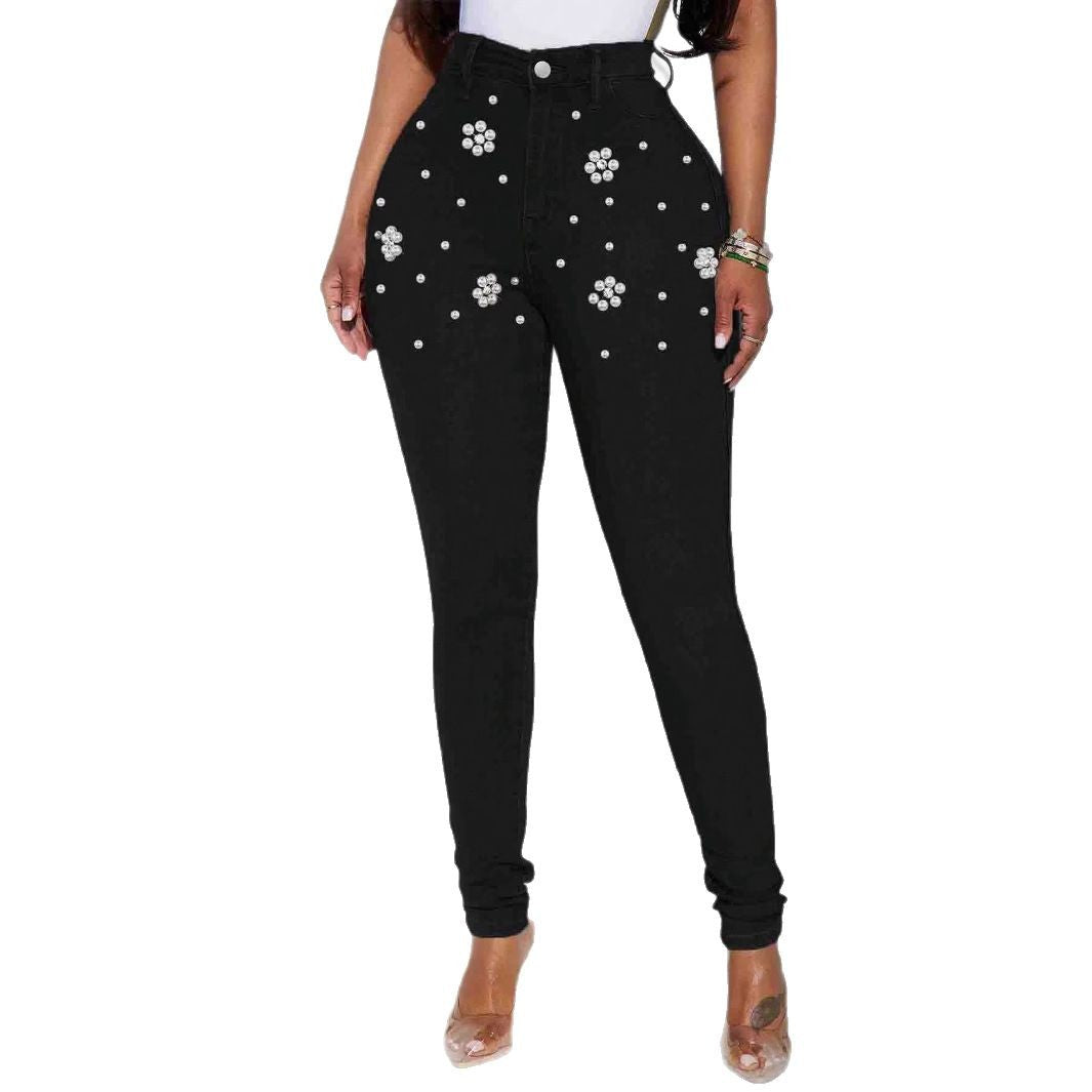 Women's High-Waisted Skinny Jeans with Pearl and Crystal Flower Decoration Chichicherry