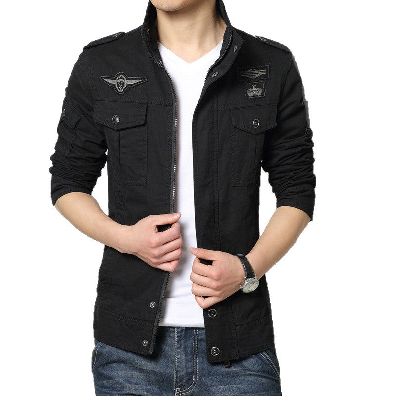 Men's Military-Inspired Canvas Field Jacket with Multiple Pockets and Stand-up Collar Chichicherry