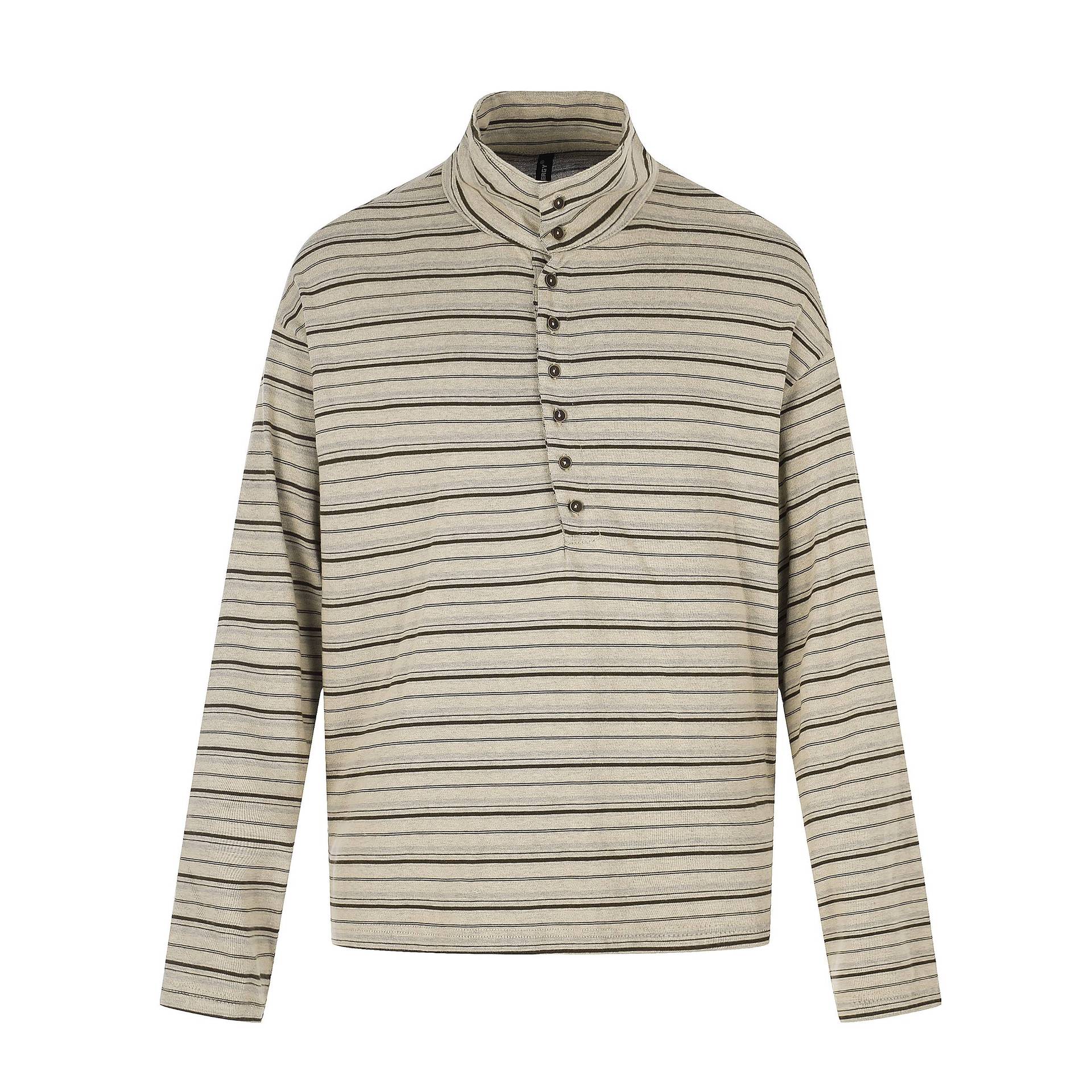 Men's fine striped henley with high stand-up collar, full button placket, and boxy cut Chichicherry