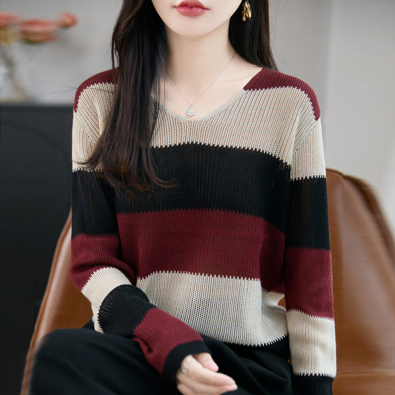 Women Light V-Neck Fine Knit Sweater with Wide Block Stripes and Relaxed Fit Chichicherry