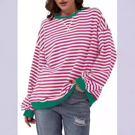 Women Striped Oversized Sweater with Contrast Cuffs Chichicherry