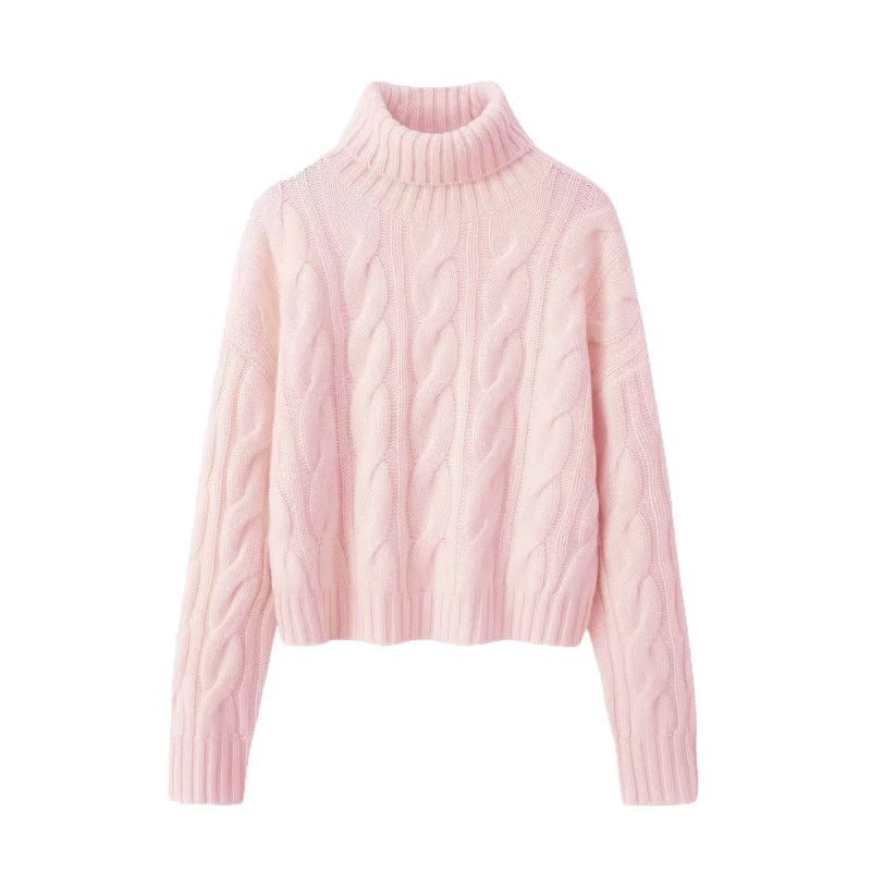 Ladies Short-Cut Cable Knit Turtleneck Sweater with Boxy Silhouette Chichicherry
