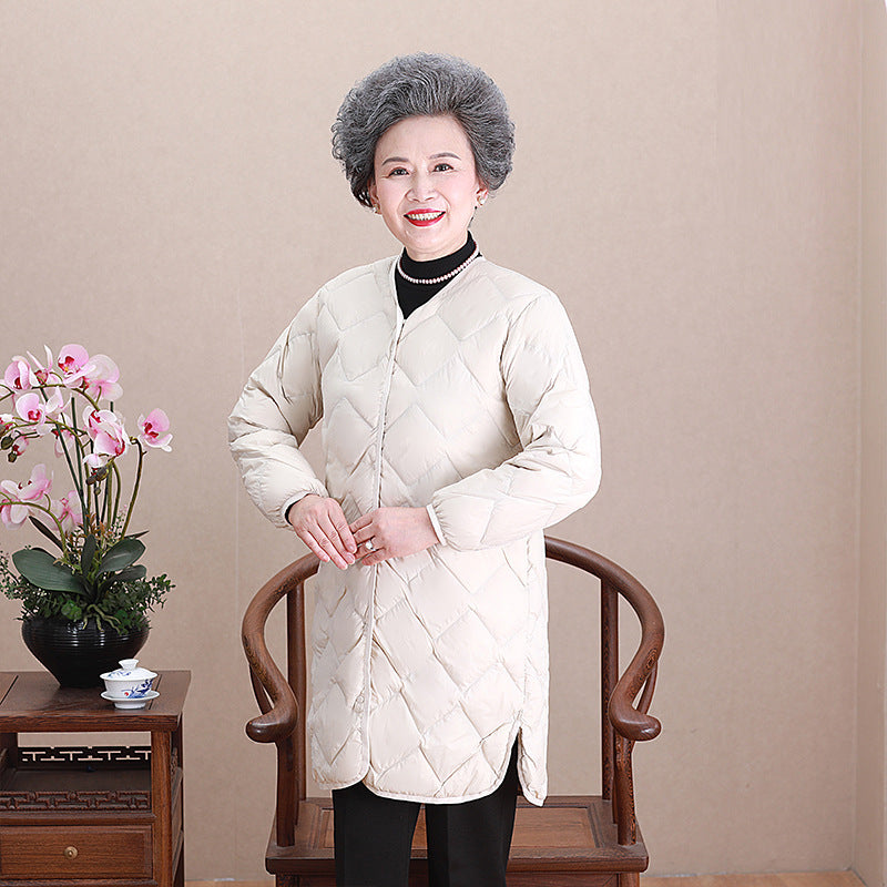 Women’s collarless long quilted thermal coat with diamond quilting Chichicherry