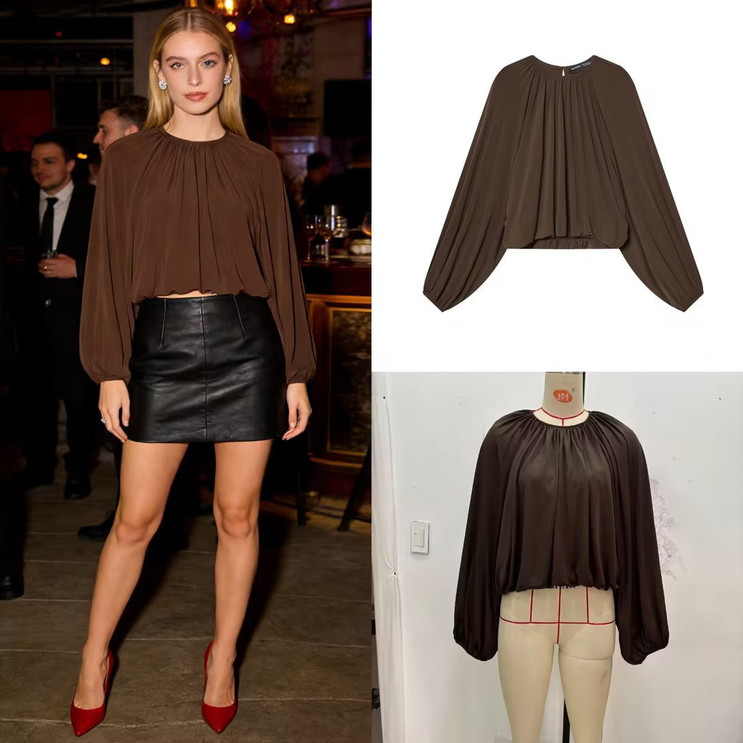 Ladies Pleated Oversized Blouse Shirt with Wide Balloon Sleeves Chichicherry