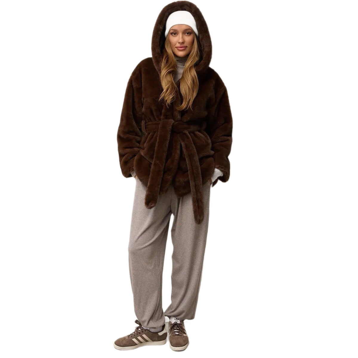 Women's Faux Fur Coat with Hood and Waist Belt Chichicherry