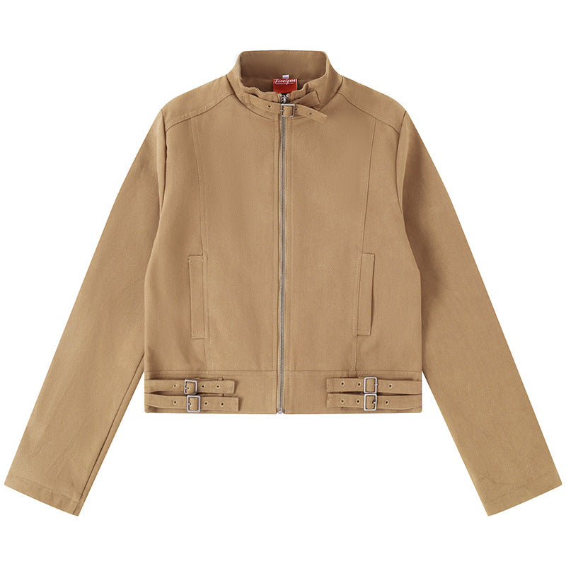 Women's Short Cut Cotton Utility Jacket with Stand-Up Collar Front Zip and Adjustable Waist Straps Chichicherry