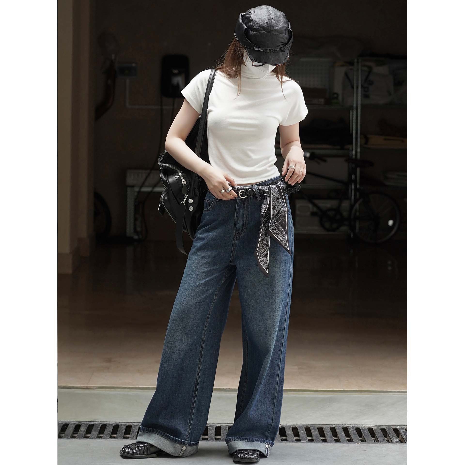 Women Extra Wide Denim Baggy Pants with Deep Crotch, Rolled Hem and Palazzo Fall Chichicherry