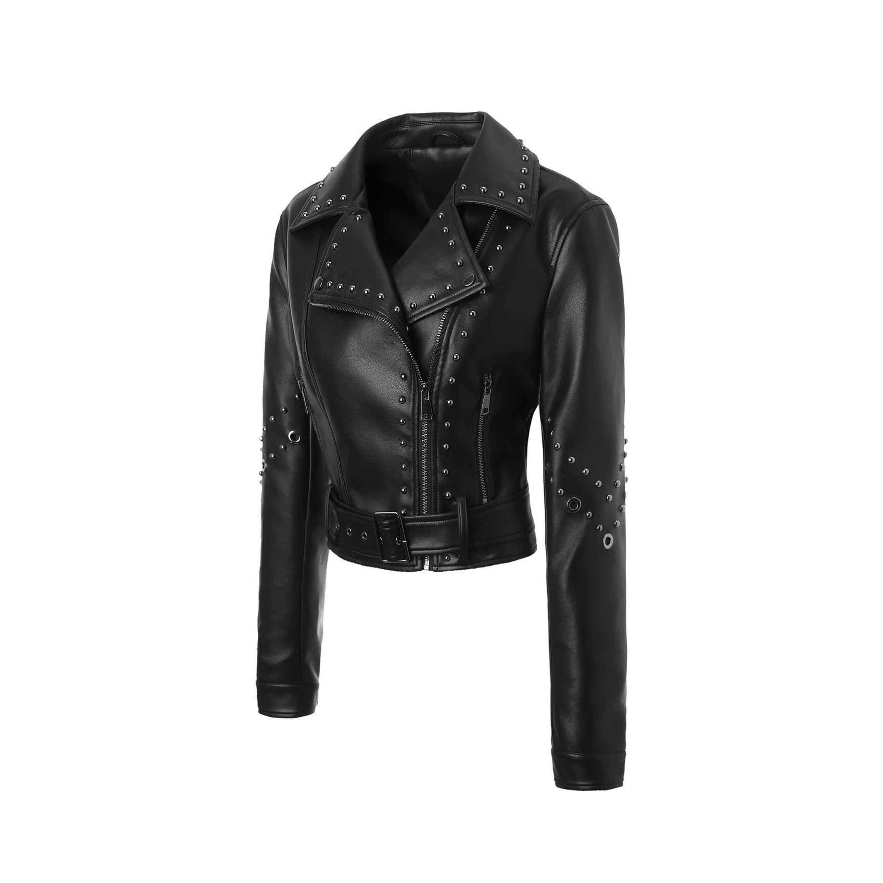 Women's Short Faux Leather Biker Jacket with Studded Accents and Wide Waist Belt Chichicherry