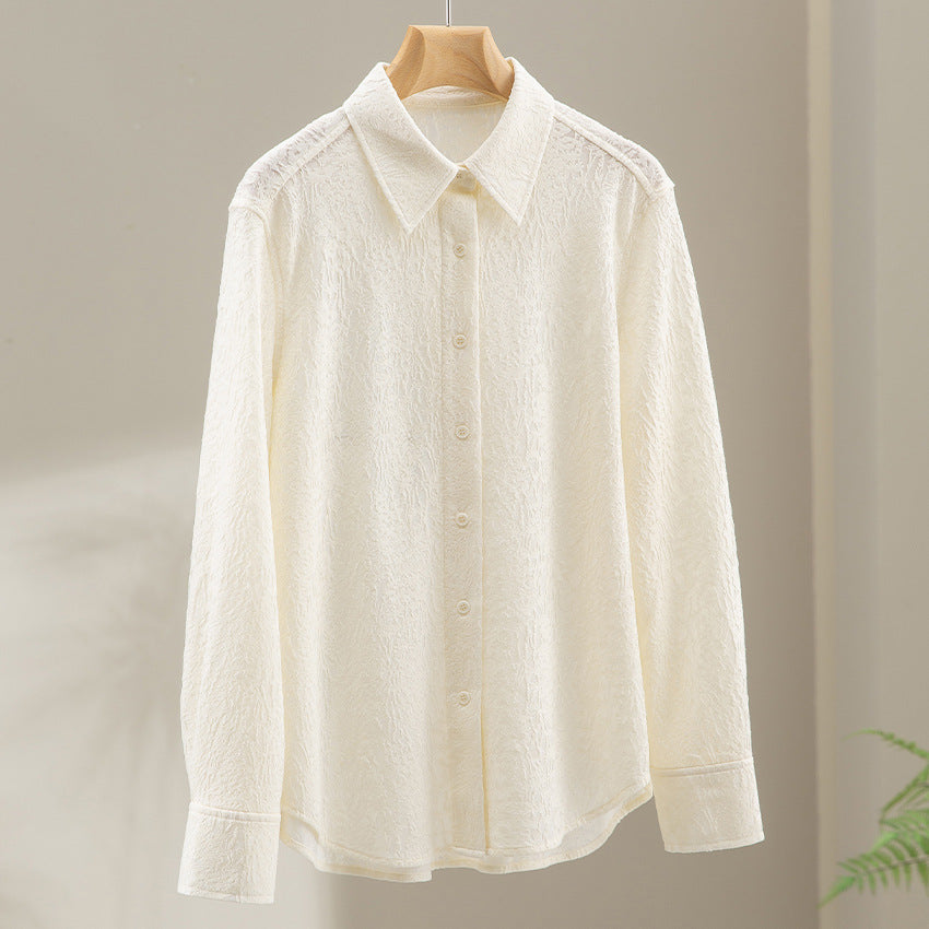 Ladies Textured Oversized Shirt Blouse with Shirt Collar and Cuffs Chichicherry