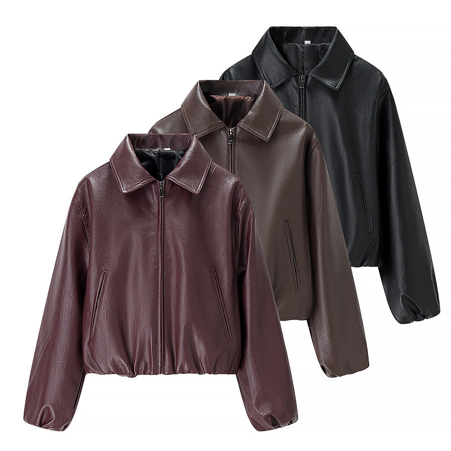 Women short cut leather imitation blouson with zipper and elastic hem Chichicherry