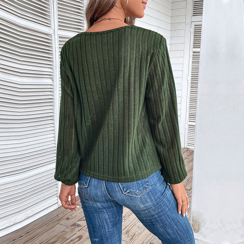 Women Tailored Ribbed Long Sleeve with V-Neck, Button Placket and Twist Knot Chichicherry
