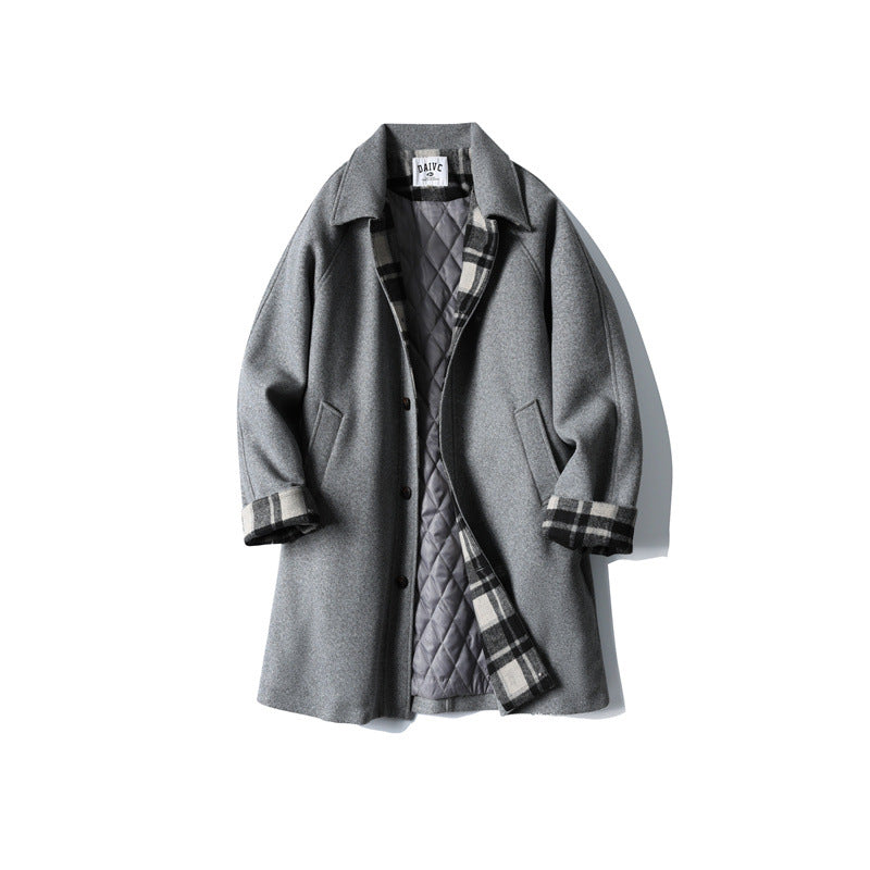 Men's Wool Blend Coat with Checked Lining, Raglan Sleeves and Classic Shirt Collar Chichicherry