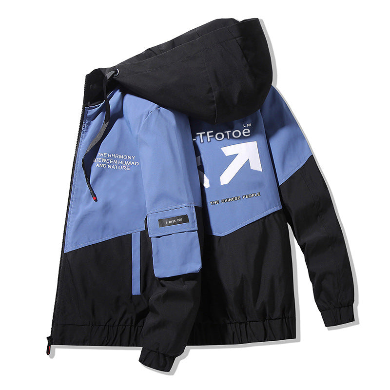 Men's Colorblock Hooded Utility Jacket with Print Details and Tactical Pockets Chichicherry