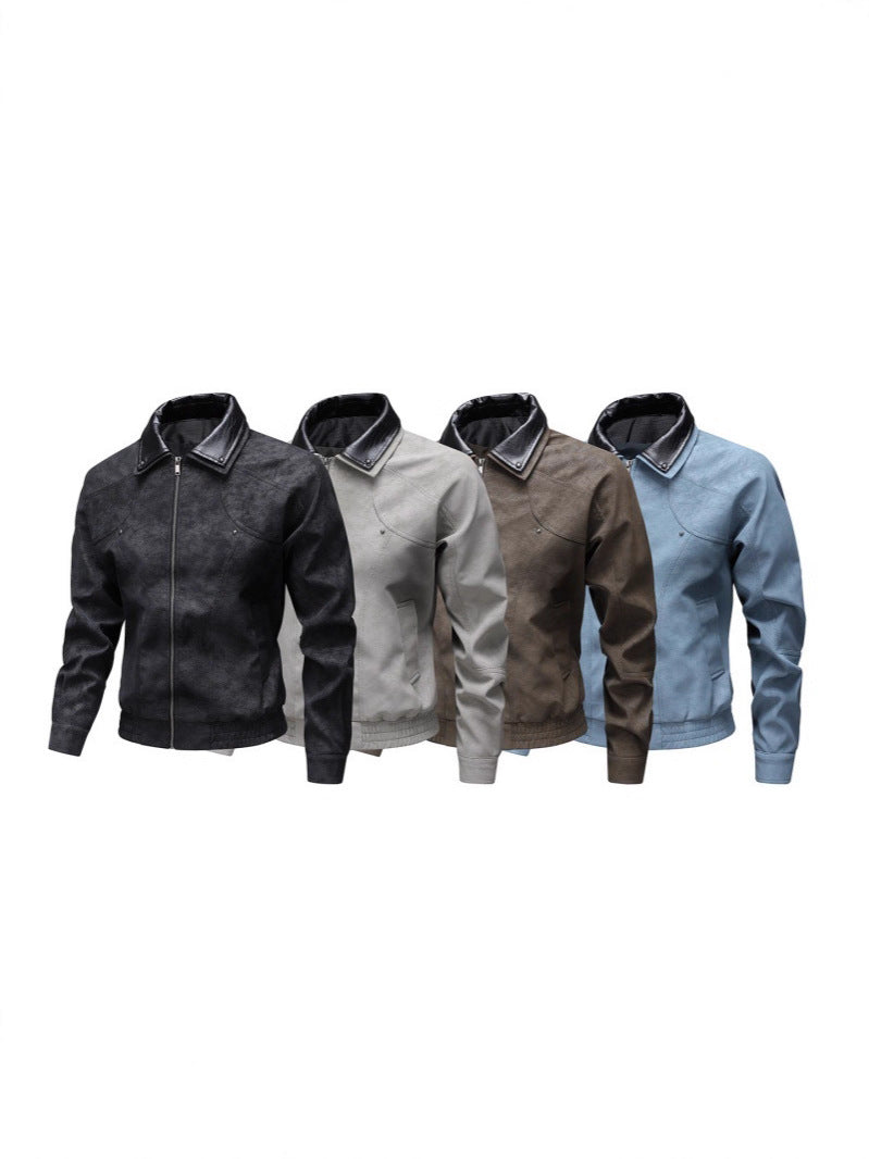 Men's Vintage-inspired Faux Leather Blouson Jacket with Contrast Collar Chichicherry