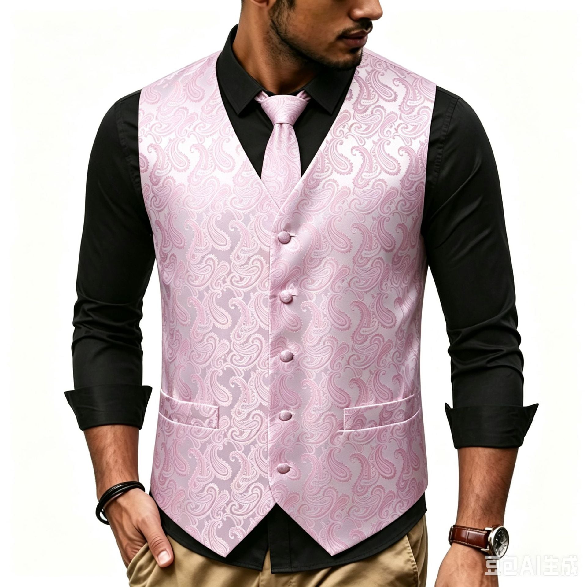 Men's Satin Jacquard Vest with Paisley Pattern and Matching Tie Chichicherry